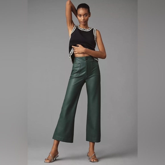 Anthropologie Pants - Maeve The Colette Cropped Wide-Leg Pants Faux Leather Dark Green Size 32